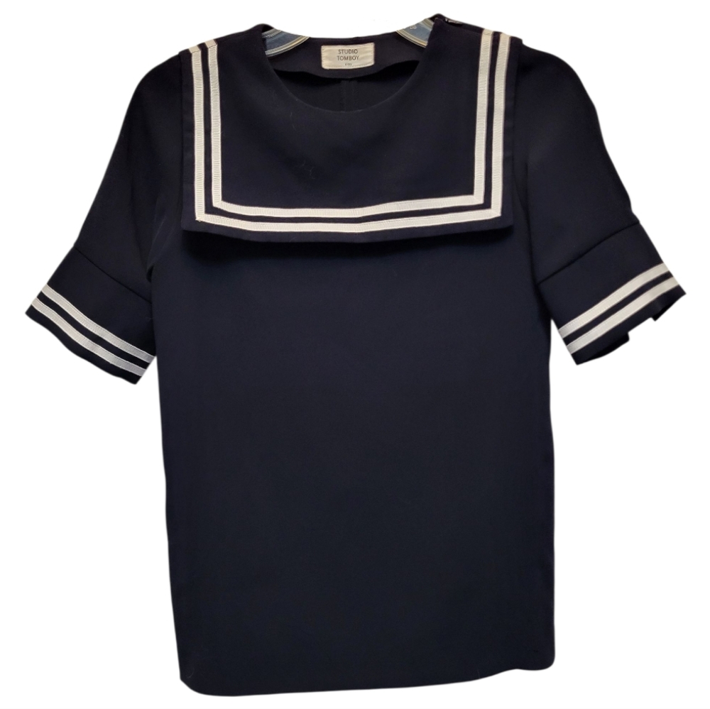 Rare Studio Tomboy Kids Blue White French Sailor Collar Blouse - Size 6-7